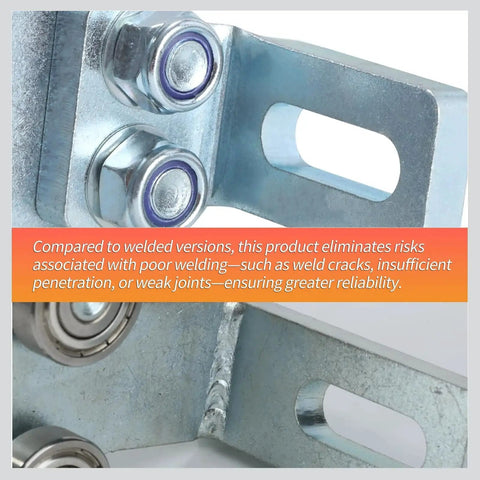 Close-up of Electric Hoist Trolley Assembly with 8 Wheel Rollers for Garage Hoist Systems, detailed view of metal frame and bearings.