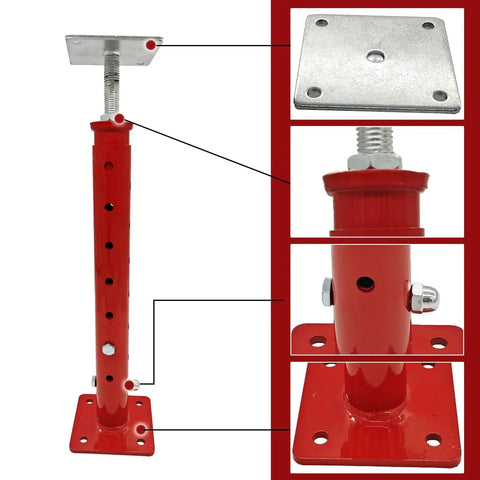 Telescoping Basement Floor Jacks For Leveling 18.5 To 34.6 Inches 4400 Lb Each shown in red steel with adjustable holes