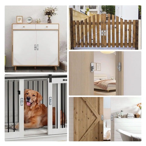 90 And 180 Degree Barn Door Lock Built Tough Sliding Gate Latch for Privacy on various doors and gates, silver zinc alloy.
