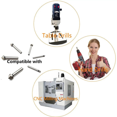 Workhorse Countersink Drill Bit Set For Steel And Wood, 3 Flute 90 Degree HSS Chamfer Bits shown with table, hand drills, CNC mill