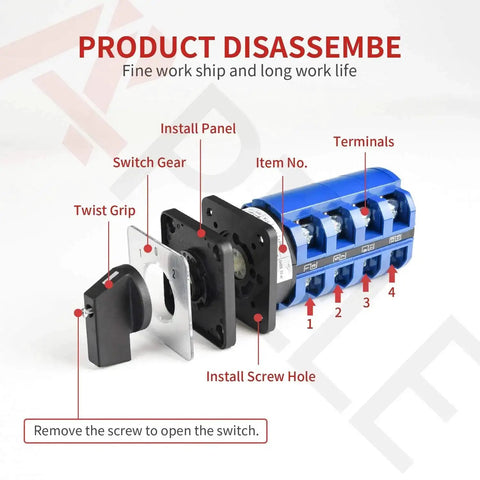 Diagram of 3 Position Latching Changeover Selector Switch Box 63A 440V 3 Phase 12 Terminals showing parts disassembled