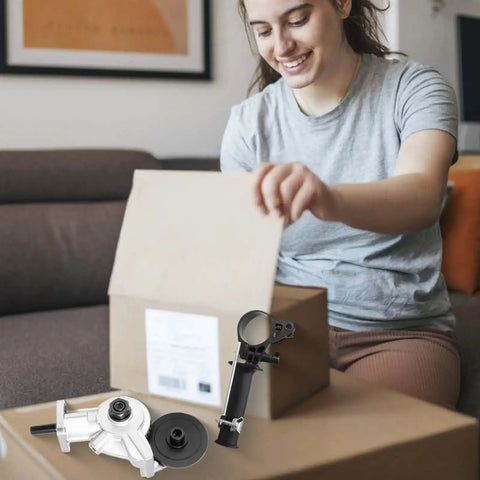 Woman unboxing Electric Drill Plate Cutter Nibbler Attachment for Sheet Metal with durable alloy construction