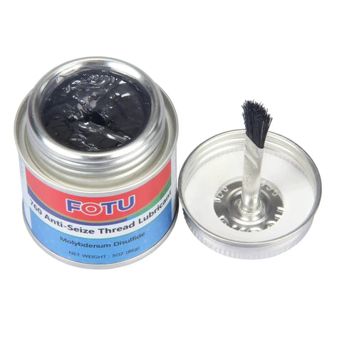 Open tin of Molybdenum Disulfide Anti-Seize Thread Lubricant For Bolts And Screws, 3 oz tube, with brush lid, FOTU brand