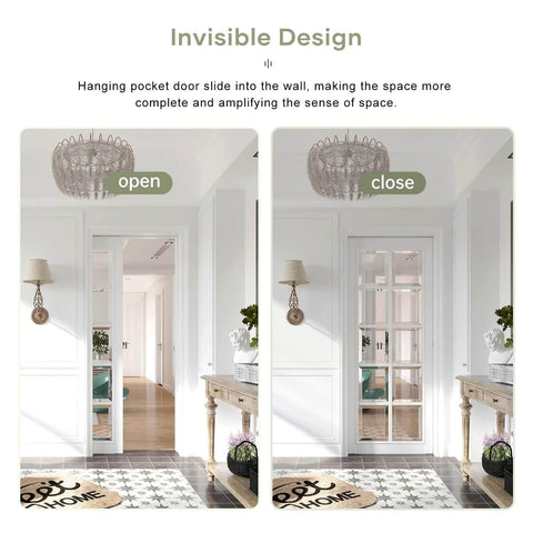 Six Foot Sliding Pocket Door Hardware Kit With Aluminum Box Rail Track Commercial Grade Easy Install Quiet Smooth Sliding For Twenty Four To Thirty Six Inch Wide Single Doors No Door Included Sixty Eight Point Seven Five Inch Track shown in open and closed positions