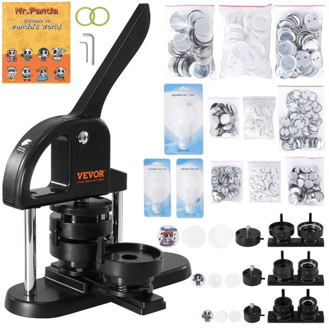 Front view of VEVOR button maker with ergonomic arc handle and assorted button parts in bags