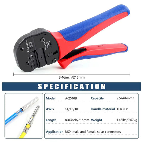 Image of Solar Crimping Tool For PV Cables YG-2546B, showcasing heavy-duty steel construction and ergonomic grip, tool measurements.