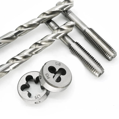 Close-up of 40 Piece Tap And Die Set For Metric Threads M3 To M12 With Adjustable Handles, showing taps and dies for threading.