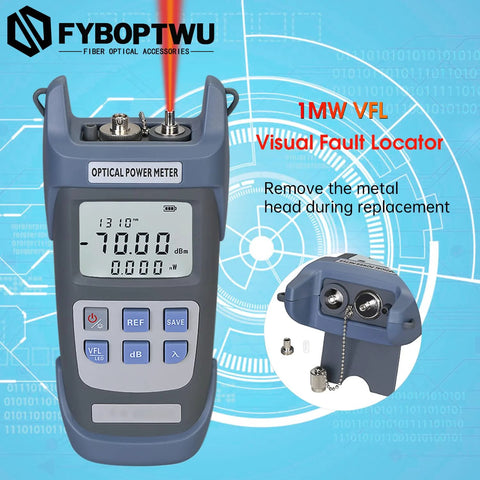 FYBOPTWU 3-in-1 fiber optic tester with handheld optical power meter and 1 mW VFL, FC/SC/ST ports, blue body