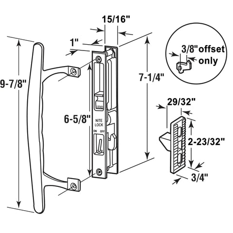 Diagram of Flush Mount Sliding Glass Door Handleset Non-Keyed With Night Lock And Hook Latch, 6 5/8 Inch Hole Spacing, White Diecast.