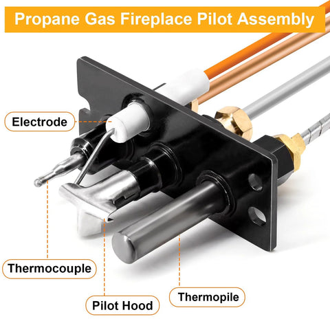 Close-up of propane gas fireplace pilot assembly with thermocouple and thermopile on a black mounting bracket.