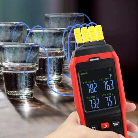 4-channel K-type thermocouple thermometer data logger, red handheld unit with four yellow probes and blue wires.