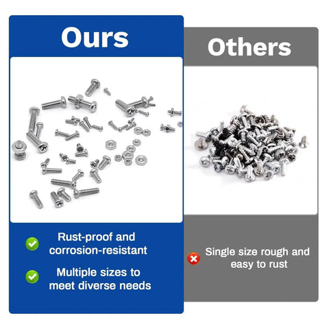 Comparison of 1110Pcs Stainless Steel Micro Screws And Nuts Set Metric M1 To M2.5 Sizes with other rust-prone screws