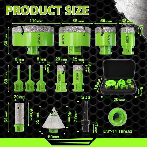 Tile Hole Saw Kit With 12 Diamond Core Drill Bits For Porcelain Ceramic Marble And Granite Includes 20mm Finger Bit And 2 Inch Bevel Chamfer Bit With 5/8 To 11 Adapter Plus Bits In 1/4 5/16 4/5 1 1-3/8 2 3 4 Inches displayed with measurements