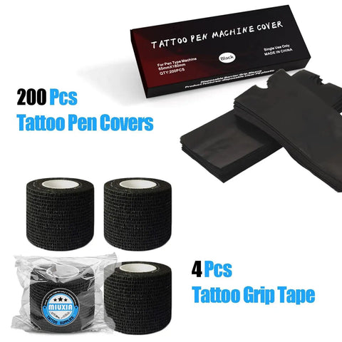 Front view of MIUXIA tattoo pen covers and grip wrap set, black; 200 covers and 4 grip tapes