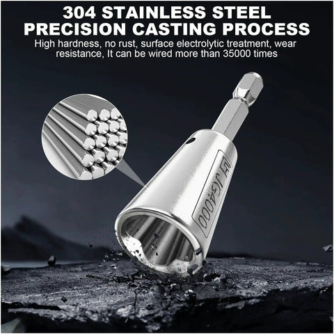 Close-up of Pro Grade Drill Wire Twister Tool With 6MM Hex Shank, stainless steel, showing wire strands and internal design.