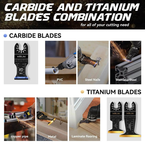Six Piece Carbide And Titanium Multitool Blades Kit cutting wood, metal, PVC, nails, and drywall with hanging case, Bosch Fein Dewalt fit.