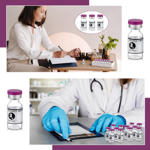 Threlaco 20 pcs 3ml sealed sterile empty glass vials with purple caps and 20 label stickers in a lab setup
