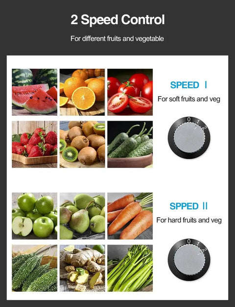 Powerful 800W Centrifugal Juicer With Wide 3 Inch Feed Chute speed control for fruits and vegetables, showing speed dial options
