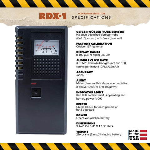 ITS RDX-1 low-range radiation monitor handheld Geiger detector in a black plastic case with display and speaker grille.