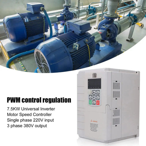 7.5KW VFD Variable Frequency Drive Inverter for 220V to 380V Motors with images of industrial motors and inverter unit