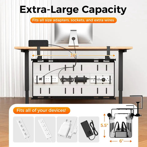 38 Inch Under Desk Cable Management Tray With Clamp And Screw Mount No Drill Setup for office and home, showing organized wires.