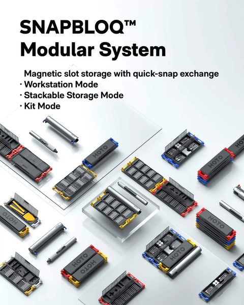 Multiple SNAPBLOQ modular magnetic slot storage systems displayed in various configurations including workstation and stackable modes.