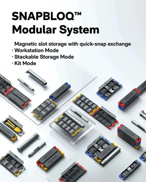 Assorted components of SNAPBLOQ modular system showing magnetic slot storage with quick-snap exchange in various configurations.