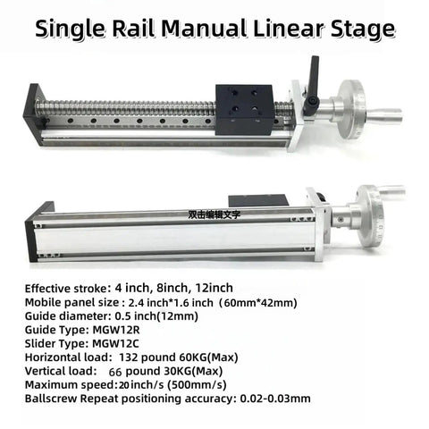 Image of Pro Grade Manual Linear Rail Guide Stage With 4 Inch Travel, 100mm Platform, 0.02mm Repeatability, SFU1605 Ballscrew, XY Axis Positioning Table, Aviation Aluminum Body, Stainless Steel Rods, Includes Handwheel, Ruler And Base, showing detailed specifications and components.