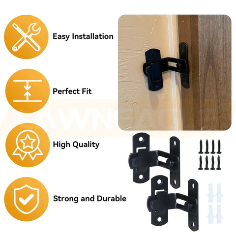 2 Pack 90 Degree Flip Sliding Barn Door Lock for barn doors and cabinets with installation guide and hardware