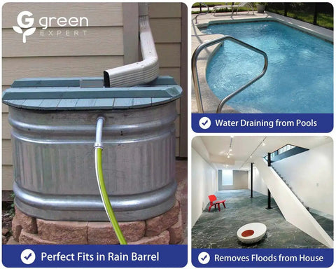 One Third HP Submersible Sump Pump With Flow Sensor Switch for Flooded Basements and Outdoor Spots, shown with rain barrel and pool