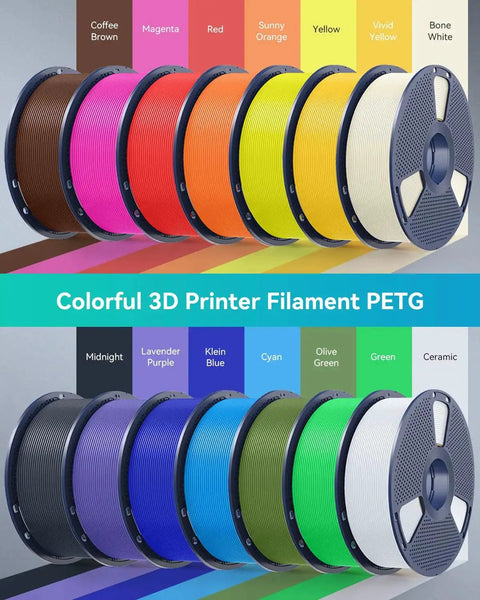 Colorful PETG filament spools in various colors arranged in two rows with labels, showcasing vibrant 3D printing options.
