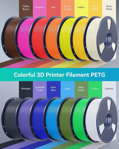Colorful PETG filament spools for 3D printing in various shades, showcasing options beyond PETG Filament 1.75mm 1Kg Gray