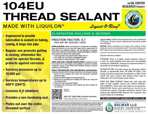 104EU Big Ol Thread Sealant For Large Threaded Connections Safe On Plastic And Metal High Pressure Water Repellent Sealant Made In The USA 5 Oz Brush Top Can label with product details and usage instructions.
