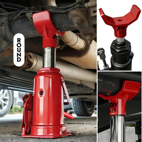 12 Ton Bottle Jack Adapter fits 1.65 in axles with 3 and 4 in lift pads and tilt, shown supporting a vehicle.