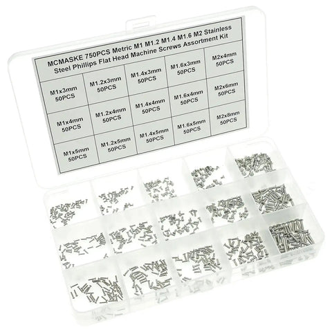 Handy 750 Piece Metric Stainless Steel Phillips Flat Head Machine Screws Assortment Kit M1.0 M1.2 M1.4 M1.6 M2 Sizes