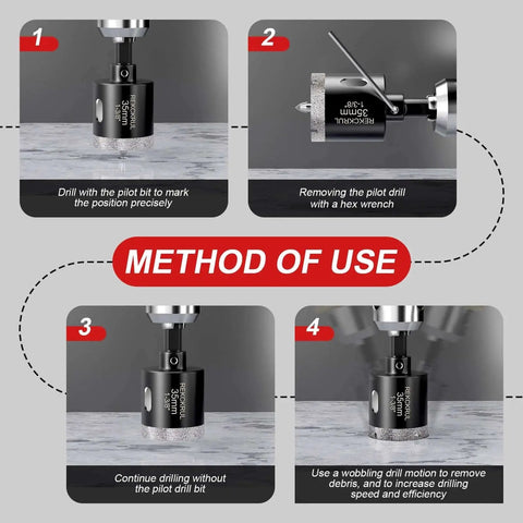 Method of use for 1 Inch Diamond Hole Saw With Pilot Drill Bit By REKCKRUL, steps for precise drilling in tile or stone.
