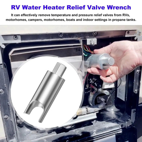 Universal RV Water Heater Pressure Relief Valve Remover For Temperature And TPR Valves Fits Most RV Water Heaters And Camper Water Heaters Works With A 7 8 Inch Wrench No Hassle Valve Removal Tool For Boats Motorhomes Travel Trailers in use
