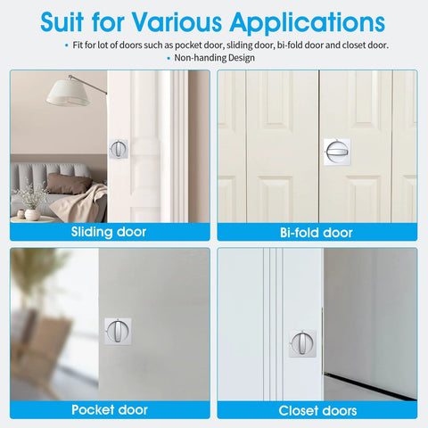 Boss Square Pocket Door Lock With Edge Pull And Flush Pull Sturdy Privacy Bifold And Cavity Sliding Door Hardware With Latch Zinc Alloy Fingermark Proof Finish In Satin Chrome Replacement Door Lock Kit For Hidden Pocket Doors installed on sliding, bi-fold, pocket, and closet doors.