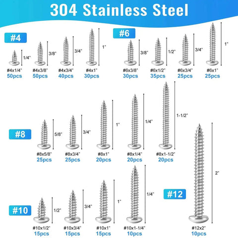 460Pcs Stainless Steel Wood Screws Kit With 18 Sizes Self Tapping Pan Head Screws For Wood Deck Drywall Concrete One Quarter Inch To Two Inch Assortment Set 304 Stainless Corrosion Resistant Heavy Duty, size chart with quantities.