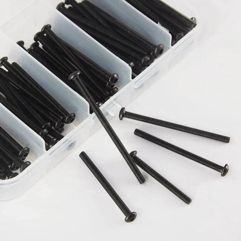 M3 Button Head Socket Cap Screws Set 20 25 30 35 40mm Fully Threaded 10.9 Grade Alloy Steel Black Oxide Finish With Metric Allen Hex Drive 100 Piece Assortment Kit displayed in a plastic organizer.