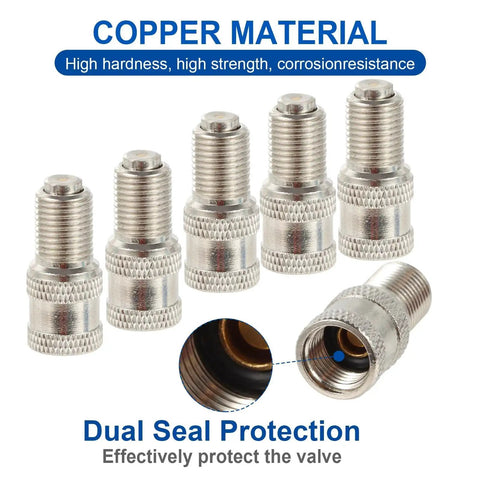 Double Seal Brass Tire Valve Cap With Dual High Temp Seals for High Pressure Car Truck RV Bus Tires Nickel Plated Durability Prevents Pressure Loss Even If Valve Core Is Damaged Pack Of 50 Shengtuo For All Weather Heavy Duty Use, showcasing multiple nickel-plated valve caps with highlighted dual steel protection feature.