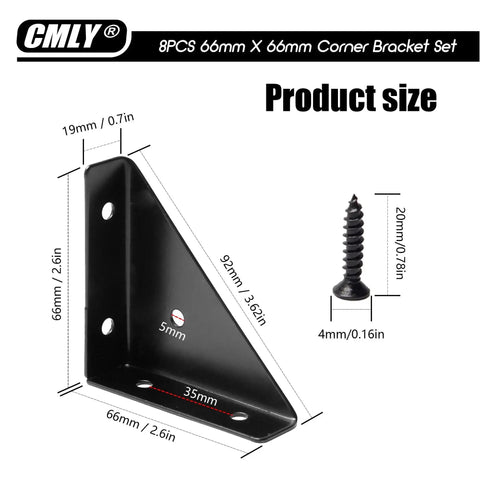 Black 8 Pack 66mm Triangle Shelf Brackets For Wood Metal And Cabinets, 90 Degree Corner Desk Connectors, with product dimensions.