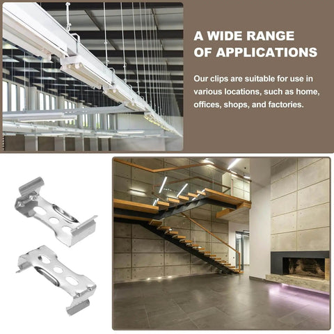T5 Clip Bracket Hanger for LED Fluorescent Tubes Tube Holder Clamps shown in various applications, home, and office settings
