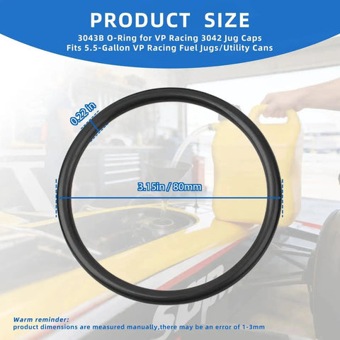 Eight Pack 3043B O Ring Kit For Fuel Jug Caps With Leak Proof Seal Compatible With 3042 Utility Jug Caps shown with dimensions