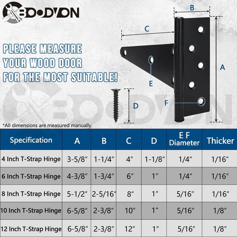 Image showing dimensions of BOODVON 10 Inch T Strap Gate Hinges in Black Powder Coated Finish, for wooden fences and yard gates.