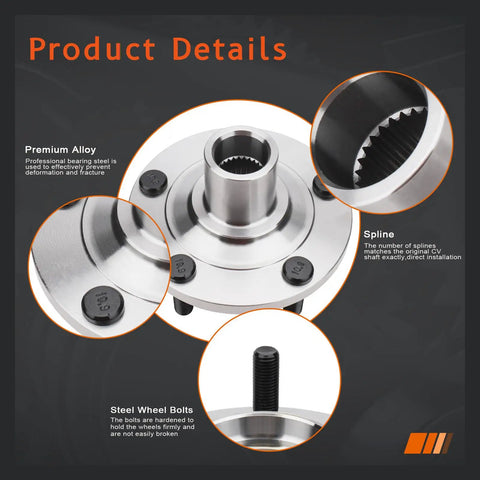 Close-up of Pair Front Wheel Hub Assembly Set for Mazda 3 2005 to 2013 and Mazda 5 2006 to 2015 with alloy and spline details