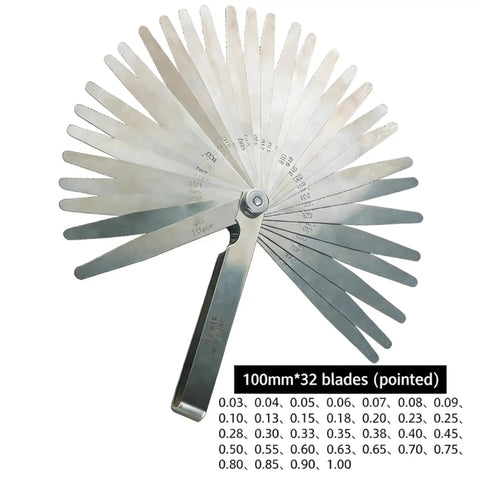 32 Blades Stainless Steel Feeler Gauge Set With Dual Scale Metric And Imperial Readings For Spark Plug And Valve Gap Adjustment 0.03 To 1 Mm And 0.001 To 0.040 Inch Ideal For Spark Plugs Valves Machinery And Automotive Maintenance