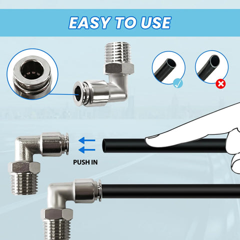 Pneumatic male elbow, 1/4 in tube OD x 1/4 in NPT, 304 stainless steel push-to-connect fitting for truck air suspension.