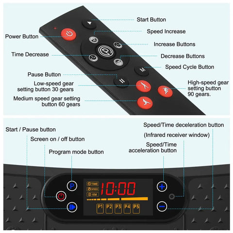 Control panel and remote for Vibration Plate For Lymphatic Drainage And Full Body Workout With Resistance Bands 450 Lbs Capacity Black