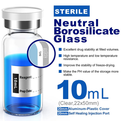 Sterile 10 mL borosilicate glass vial with flip-top closure and blue liquid